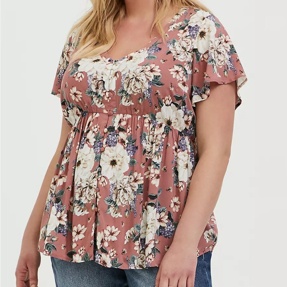 TORRID ROSE FLORAL CHALLIS BUTTON BABYDOLL TOP NWT sz 3 - Picture 9 of 9